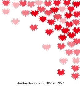 Minimal scattered hearts confetti vector illustration. Modern invitation card backdrop. Ruby red hearts love passion symbols isolated on transparent background. Romantic event cute decor.