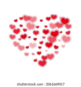 Minimal scattered hearts falling valentine background. Elegant invitation card backdrop. Bright hearts love emotion symbols isolated on transparent background. Birthday simple decor.