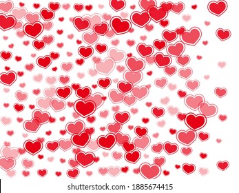 Minimal scattered hearts flying vector illustration. Abstract greeting card backdrop. Ruby red hearts love pleasure symbols isolated on transparent background. Anniversary cute decor.