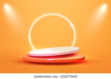 Minimal scene with 3d podium. orange and white colors scene. Trendy 3d podium for promotion, cosmetic product show. 3d vector illustration