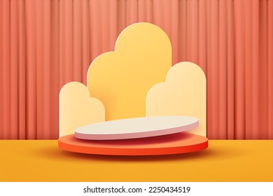 Escena mínima con podio 3d. escena en tonos naranja y blanco. Estadio 3d de moda para promoción, exposición de productos cosméticos. 3.ª ilustración vectorial