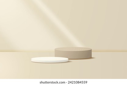 Minimal scene 3D realistic background. beige and white podium with light effect