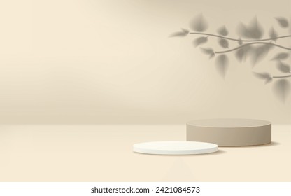 Escena mínima 3D de fondo realista. podio beige y blanco con sombra vegetal