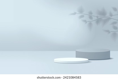 Minimaler 3D-Hintergrund der Szene. blaues und weißes Podium mit Pflanzenschatten