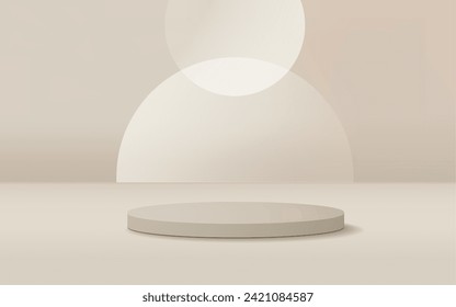 Minimal scene 3D realistic background. Beige podium with transparent glass decoration