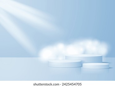 Minimal scene 3D realistic background. Blue podium with light effect and cloud decoration