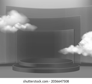 Minimale Szene mit schwarzem Podium und Cloud abstrakten dunklen Hintergrund Scene Studio oder Pedestal für Display, Geometrische Formen, Form-Produktpräsentation. 3D, Vektorgrafik