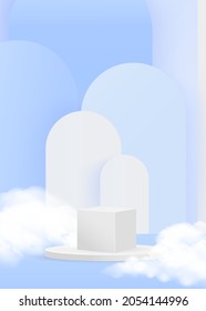 Minimal scene with blue podium and cloud abstract blue background Scene Studio Or Pedestal For Display, Geometric shapes, shape product display presentation. 3D,Vector