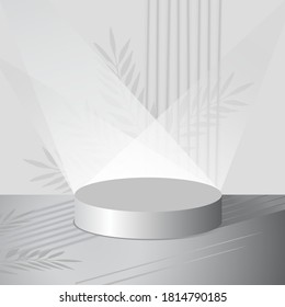 Scène minimale avec une bouteille de podium pour la livraison du produit. 3 d forme géométrique sur fond gris clair avec feuilles de plantes. Scène pour l'affichage cosmétique, la publicité, l'impression, la vitrine. Image vectorielle
