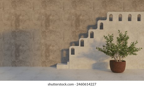 Minimal Scene with empty scene with geometric shapes, platform and stairs 3d rendering white wall vegetation, plant green