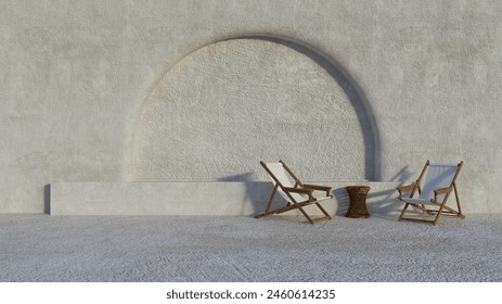 Minimal Scene with empty scene with geometric shapes, platform and stairs 3d rendering white wall vegetation, plant green sun chairs