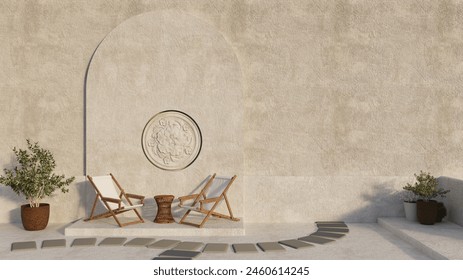 Minimal Scene with empty scene with geometric shapes, platform and stairs 3d rendering white wall vegetation, plant green sun chairs