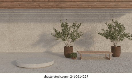 Minimalszene mit leerer Podiumsszene mit geometrischen Formen, Holzdeckenbalken, weiße Wand, Vegetation, pflanzlicher grüner Bankstuhl