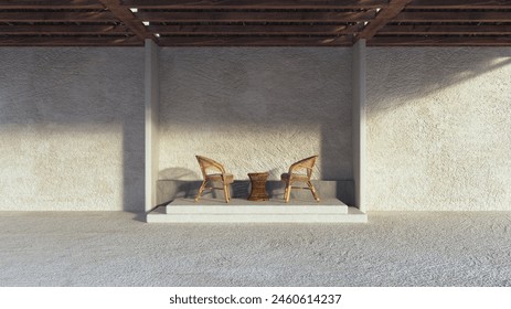 Minimalszene mit leerer Podiumsszene mit geometrischen Formen, Plattform und Stühlen, Holzdeckenbalken und Weißwand