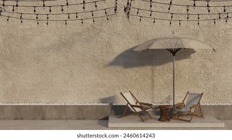 Minimal Scene with empty podium scene with geometric shapes, platform and chairs, Umbrella wood ceiling beams white wall