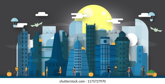 Minimal scene of future city for halloween day, 31 October, with monsters that include dracula, glass, pumpkin man, frankenstein, umbrella, joker, witch woman, cat. Vector illustration.