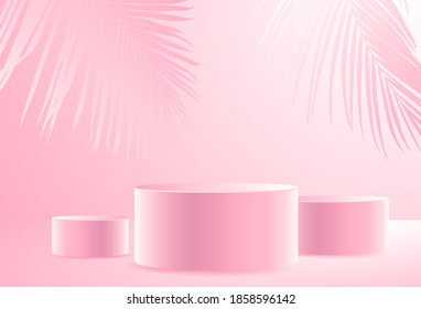 Minimal scene with geometric forms. cylinder podiums in pink with leaf shadow background for cosmetic product, branding and packaging presentation. 
3d vector illustration.