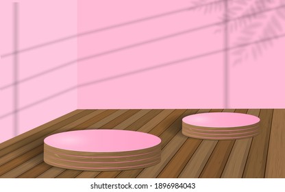 minimal scene with geometric forms. cylinder wood podium in violet background with shadow leaves. Scene to show cosmetic product, Showcase, shopfront, display case. 3d vector illustration.