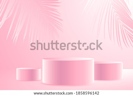Minimal scene with geometric forms. cylinder podiums in pink with leaf shadow background for cosmetic product, branding and packaging presentation. 
3d vector illustration.