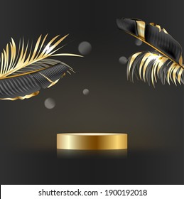 Minimal scene with geometric shapes. cylindrical podium on a black background with gold leaves. Stage for displaying a cosmetic product, showcase, showcase, showcase. 3d vector illustration.