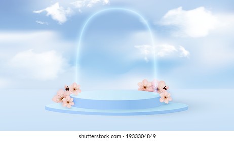 Minimal scene with geometric shapes. Cylindrical podium in light blue with paper spring flowers. Scene for the demonstration of a cosmetic product, showcase. Vector illustration