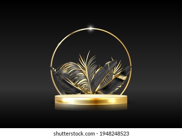 Minimal scene with geometric shapes. cylindrical podium on a black background with gold leaves. Stage for displaying a cosmetic product, showcase, showcase, showcase. 3d vector illustration.