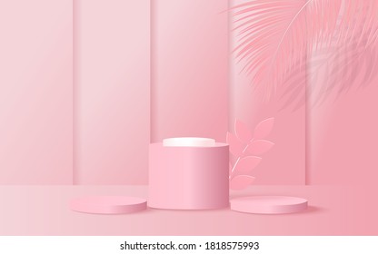 Minimal scene with geometrical forms. cylinder podiums in pink background with leaves. scene to show cosmetic product, showcase. 3d illustration