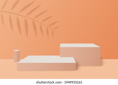 Escena mínima con formas geométricas. Podos de cilíndrico en el fondo de la crema con hojas de papel en la columna