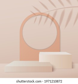 minimal scene with geometrical forms. Cylinder podiums in cream background with paper leaves on column