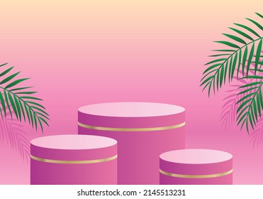 minimal scene with geometrical forms. Cylinder podiums in soft pink background with paper leaves on column. Scene to show cosmetic product, Showcase, shopfront, display case. 3d vector illustration.