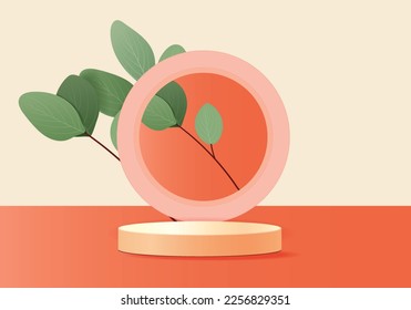 Minimal scene with geometrical forms. cylinder podiums in cream background with leaves on Backside. scene to show cosmetic product, showcase, shopfront, display case. 3d vector illustration.