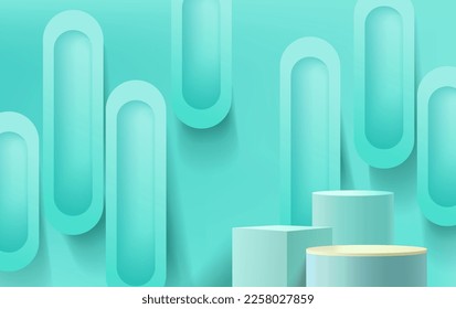 Minimal scene with geometrical forms. cylinder podiums in leaves. scene to show cosmetic product, showcase, shopfront, display case. 3d illustration.