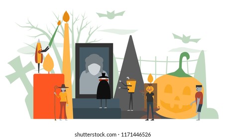 Minimal scene for halloween day, 31 October, with monsters that include dracula, glass, pumpkin man, frankenstein, umbrella, witch woman. Vector illustration isolated on white background.