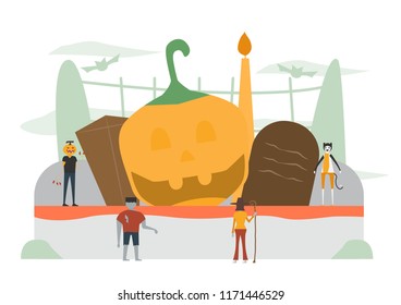 Minimal scene for halloween day, 31 October, with monsters that include  pumpkin man, frankenstein, cat, witch woman. Vector illustration isolated on white background.