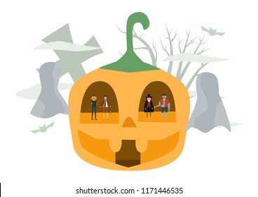 Minimal scene for halloween day, 31 October, with monsters that include dracula, pumpkin man, frankenstein, cat. Vector illustration isolated on white background.