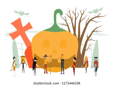 Minimal scene for halloween day, 31 October, with monsters that include dracula, glass, pumpkin man, frankenstein, umbrella, cat, joker, witch woman. Vector illustration isolated on white background.