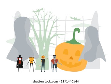 Minimal scene for halloween day, 31 October, with monsters that include dracula, pumpkin man, frankenstein. Vector illustration isolated on white background.