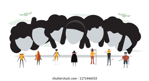 Minimal scene for halloween day, 31 October, with monsters that include dracula, glass, pumpkin man, frankenstein, umbrella, cat, witch woman. Vector illustration isolated on white background.