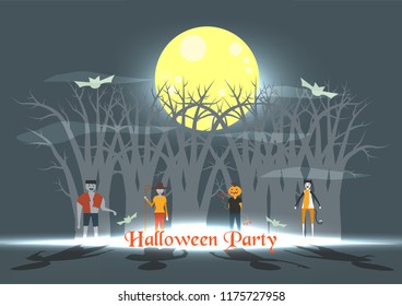 Minimal scene for halloween day, 31 October, with monsters that include pumpkin man, frankenstein, witch woman, cat. Vector illustration.
