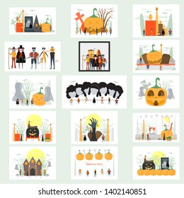 Minimal scene for halloween day, 31 October, with monsters that include dracula, glass, pumpkin man, frankenstein, umbrella, cat, joker, witch woman. Vector illustration isolated on white background.