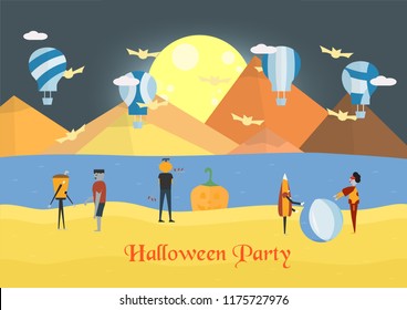 Minimal scene for halloween day and balloon festival, 31 October, with monsters that include glass, pumpkin man, frankenstein, umbrella, joker. Vector illustration.