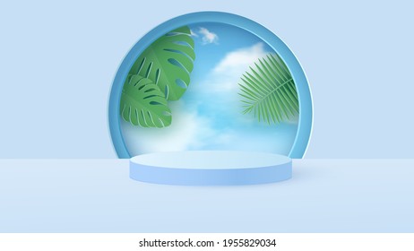 A minimal scene with a light blue cylindrical podium with tropical leaves against the sky. Scene for the demonstration of a cosmetic product, showcase. Vector illustration