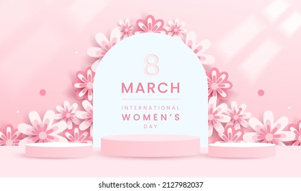 Minimal Scene On Pink Pastel Background With Cylinder Podium And Flowers For Women, Valentine, Mother Day. Stage Mockup Showcase For Product, Sale, Cosmetic And Discount. 3d Vector Illustration