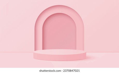 Minimal scene with pink color cylinder podium for product presentation, mock up, show cosmetic. Vector illustration