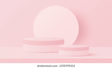 Minimal scene with pink cylinder podium for product presentation, mock up, show cosmetic. Vector illustration