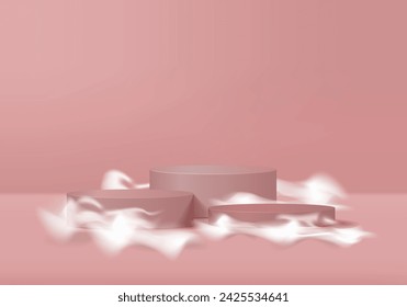 Minimal scene pink podium 3D realistic background with cloud deMinimal scene 3D realistic background. Blue podium with cloud decoration
