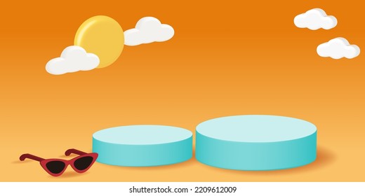 Minimal scene platform studio background products. 3D rendering vector stage background with studio podium. Summer cosmetic products podium.Summer products stage on the podium 3d orange pastel studio