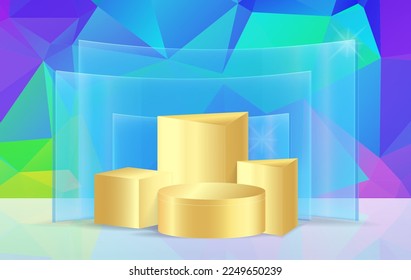Escena mínima con podio y fondo abstracto Estudio de escena o Pedestal para visualización, y Resumen de fondo geométrico a color completo
