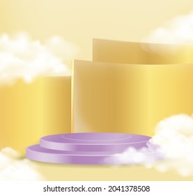Minimal scene with purple podium and cloud abstract gold background Scene Studio Or Pedestal For Display, Geometric shapes, shape product display presentation. 3D,Vector