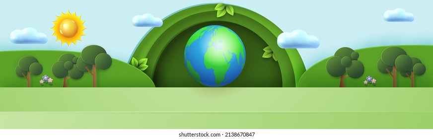 Minimal scene with a round frame in green tones against a cloudy sky. Planet, trees, flowers. Stage for product demonstration, showcase. Composition for Earth Day. Vector illustration